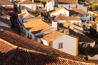 High angle view of houses in town