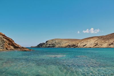 Scenic view of sea and mountains against clear blue sky