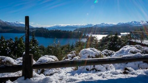 Scenic view of lake and snowcapped mountains against sky