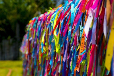 Close-up of colorful ribbons hanging at public park