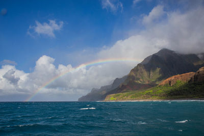 Scenic view of sea against sky with rainbow. na pali coast, kauai, hawaii