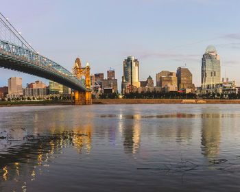 Sunrise of cincinnati skyline and john a. roebling bridge. 