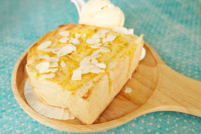 High angle view of bread in plate on table