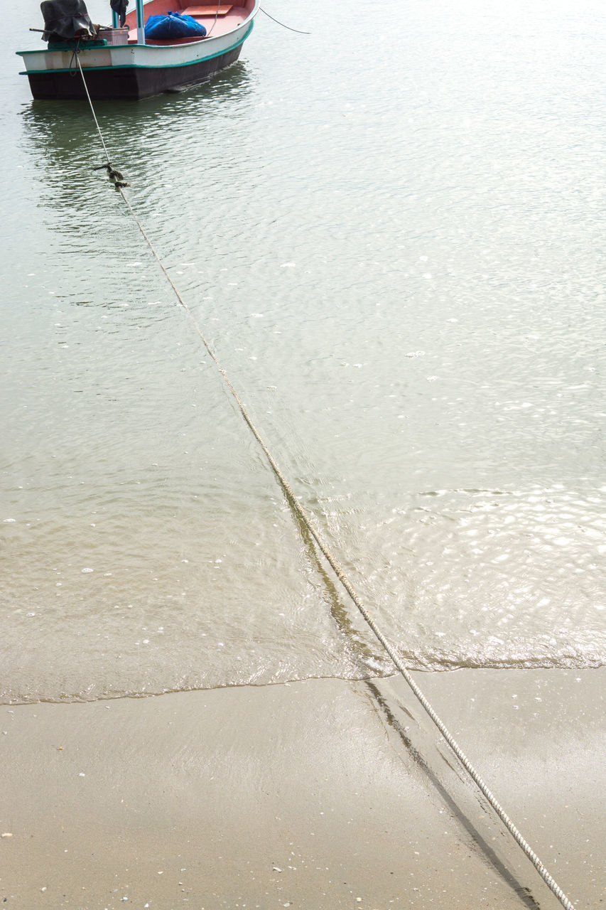 HIGH ANGLE VIEW OF BOATS MOORED ON SEA