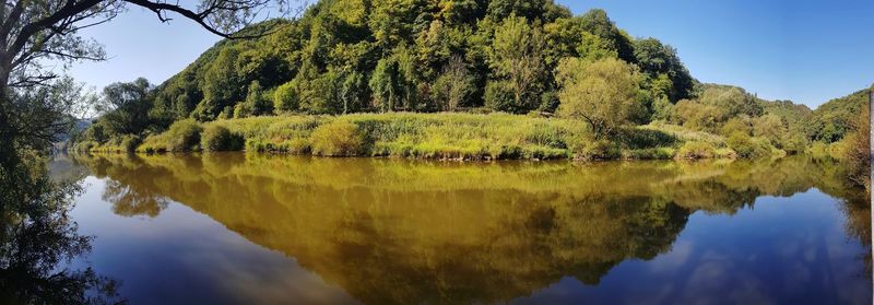 Reflection of trees in lake against sky