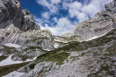 Low angle view of snowcapped mountain against sky