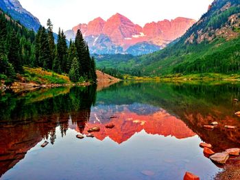 Scenic view of lake and mountains against sky