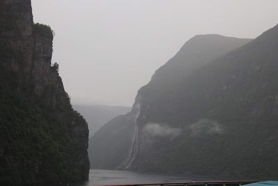 Scenic view of sea and mountains against sky