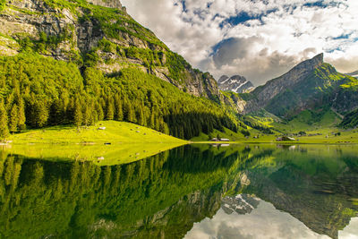 Scenic view of lake and mountains against sky