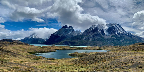 Panoramic view of lake and snowcapped mountains against sky