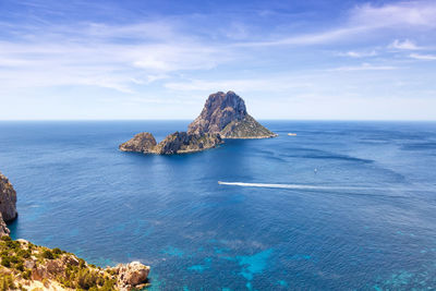 Scenic view of rock formation in sea against sky