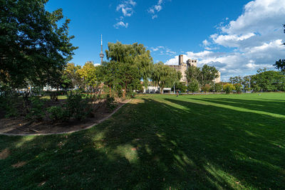 Trees on field against sky in city