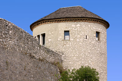 Low angle view of building against clear blue sky