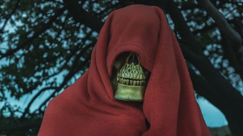 Close-up of human skull wrapped in towel against tree