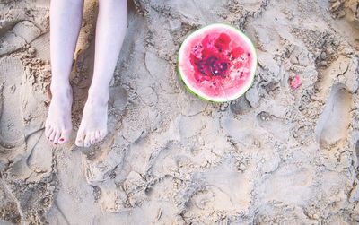 High angle view of woman on sand