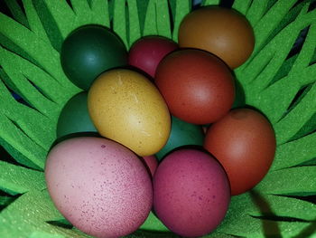 High angle view of multi colored eggs