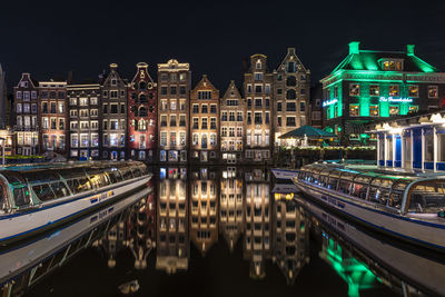 Reflection of illuminated buildings in river at night