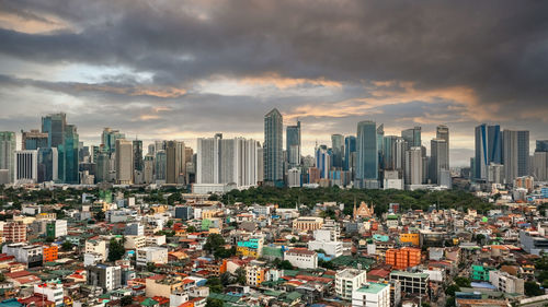 High angle view of cityscape against sky during sunset