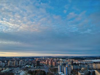 High angle view of buildings against sky