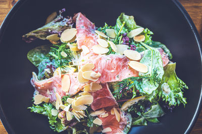 High angle view of meal served on table