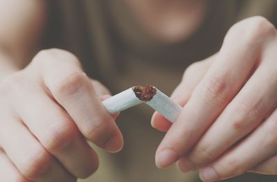 Cropped hands of woman breaking cigarette