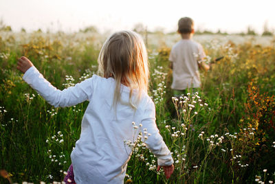 Rear view of girl and boy walking by grassy field in sunset