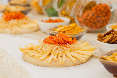 Close-up of food served on table