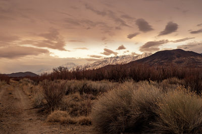 Scenic view of mountains against sky during sunset