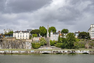 Bridge over river by buildings against sky