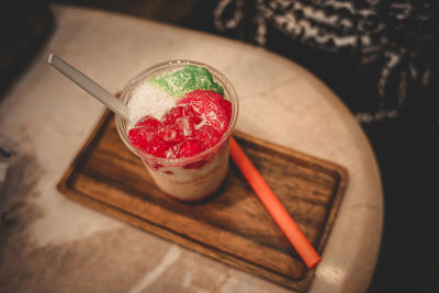 High angle view of ice cream on table