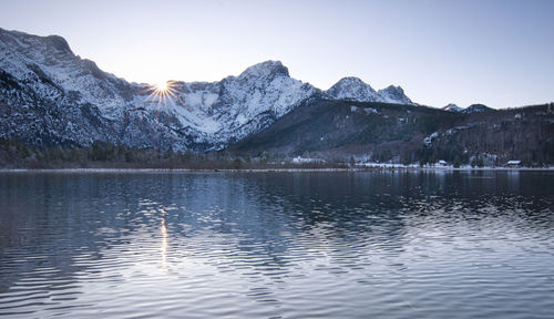 Scenic view of lake and snowcapped mountains against sky