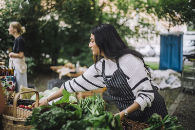 Young female owner arranging organic vegetables at farmer's market