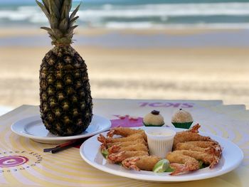 Close-up of food served on table