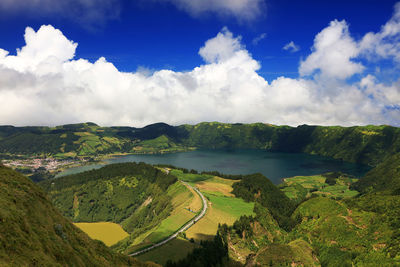 Panoramic view of agricultural field against sky