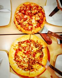 High angle view of pizza on table