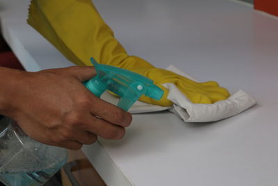 High angle view of man working on table