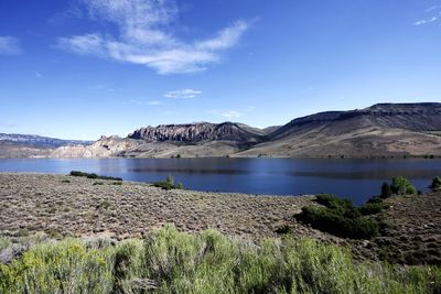 Scenic view of lake against blue sky