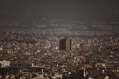 High angle view of city buildings at night