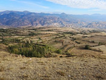 Scenic view of landscape and mountains against sky