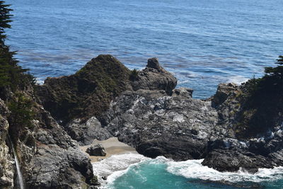 High angle view of rocks on sea shore