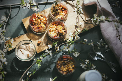 High angle view of meal served on table