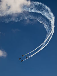 Mono propeller aircraft squadron flying in formation against blue sky