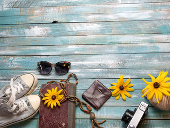 High angle view of personal accessories on table