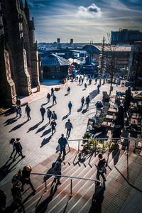 High angle view of people on street in city