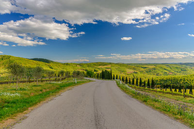 Road amidst trees against sky