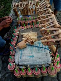 High angle view of hands working