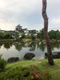 Scenic view of lake against cloudy sky