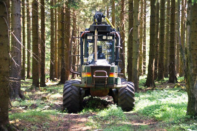 Tractor on field against trees in forest
