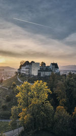 Plants and buildings against sky during sunset