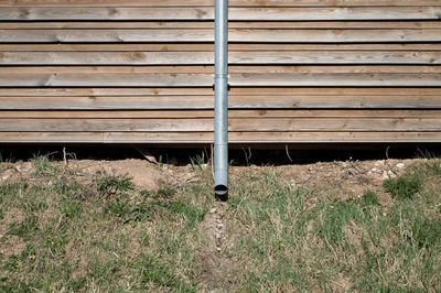 Wooden planks on field